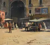Figures in a market place Oil on board Signed lower right 17 x 18.5cm (6½ x 7¼ in.) by Michele de Simone, Oil on board, sold Jan 2019
