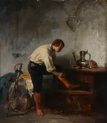 Getting dressed Oil on panel Inscribed by artist in old letter attached to panel verso 28 x 26cm (11 x 10 in.) by Ferdinand de Braekeleer the Elder, Oil on panel, sold Jan 2019
