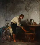 Getting dressed Oil on panel Inscribed by artist in old letter attached to panel verso 28 x 26cm (11 x 10 in.) by Ferdinand de Braekeleer the Elder, Oil on panel, sold Jan 2019