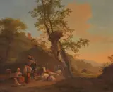 A drover and figures resting in an Italianate landscape Oil on canvas Signed lower right 70.5 x 88cm (27¾ x 34½ in.) by Nicholas Henri Joseph Fassin, Oil on canvas, offered Jan 2019