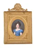Portrait of a young lady wearing jewellery and a blue dress Enamel Signed and dated le Ch er by Jean-Baptiste Jacques Augustin, watercolor, sold Jan 2019