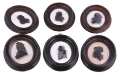 Six portrait silhouettes reverse painted on glass by Isabella Beetham, 1791, ink, sold Jan 2019
