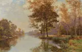 River landscape Oil on canvas Signed lower right 53.5 x 82cm (21 x 32¼ in.) by Albert Rigelot, Oil on canvas, sold Dec 2018