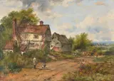 Country road with cottage and figures Oil on canvas 55 x 78cm (21½ x 30½ in.) Provenance: Frost & Reed, London, no by Frederick William Watts, Oil on canvas, sold Dec 2018