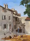 Village yard with chickens Oil on canvas Signed lower left 73 x 54cm (28½ x 21¼ in.) by Louis-Robert Carrier-Belleuse, Oil on canvas, sold Dec 2018