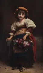 Study of a young girl with basket of flowers Oil on canvas Signed lower right 206 x 75cm (81 x 29½ in.) Etienne Adolphe Piot was a French painter born in Digoin by Etienne Adolph Piot, Oil on canvas, offered Dec 2018