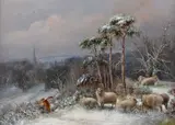 Gathering wood in the snow Oil on board Signed and dated 1857 lower right 40 x 56.5cm (15½ x 22 in.) by William Thomas Such, 1857, Oil on board, sold Dec 2018