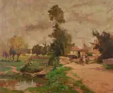 Village next to a river Oil on board Signed lower right 38 x 46cm (14¾ x 18 in.) by Maurice Levis, Oil on board, offered Dec 2018