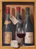 Still life of wine bottles and cheese by Raymond Campbell, Oil on board, sold Dec 2018