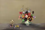 Still life of pansies and bluebells alongside an ivory carving by Lawrence Biddle, Oil on board, sold Dec 2018