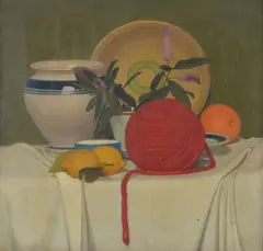 Still life with lemons and wool Oil on canvas Signed upper left and inscribed 909 48 x 50cm (18¾ x 19½ in.) Painted in 1909 by Oscar Ghiglia, 1909, Oil on canvas, sold Dec 2018
