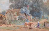 The country cottage with figures Watercolour heightened with white Signed with monogram lower left 21 x 33cm (8¼ x 12 in.) by Myles Birket Foster, Watercolour heightened with white, offered Dec 2018