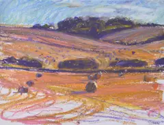 Straw bales at East Ilsley Oil pastel Signed lower right 27.5 x 38cm (10¾ x 14¾ in.) by Nick Schlee, Oil pastel, sold Dec 2018