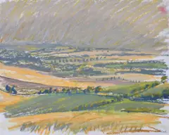 Cowfield Near Wantage, circa by Nick Schlee, Oil pastel, sold Dec 2018