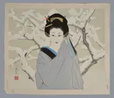A Woodblock Print Snow depicting a bijin standing before the snow cover by Shimura Tatsumi, Ink and Colours Sketch of a poetry paper knotted around a kogai, sold Nov 2018