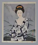 A Woodblock Print in inks and colours on paper depicting a bijin standing before a rustic building with banks of cloud behind by Gakuryu Watabe, Print, sold Nov 2018