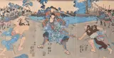 A woodblock printed triptych of two brigands attacking a samurai on the banks of river, in inks and colour on paper by Kuniyoshi Utagawa, print (other), sold Nov 2018