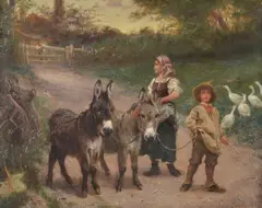 Peasant Children with Donkeys and Geese Oil on canvas Signed and dated 1885 lower right 35 x 45cm (13¾ x 17½ in.) by Edgar Bundy, 1885, Oil on canvas, sold Jul 2018