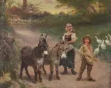 Peasant Children with Donkeys and Geese Oil on canvas Signed and dated 1885 lower right 35 x 45cm (13¾ x 17½ in.) by Edgar Bundy, 1885, Oil on canvas, sold Jul 2018
