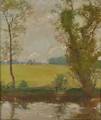 River landscapeOil on canvas-board Signed lower left 36 x 31cm (14 x 12 in.) by Frederick William Jackson, oil, offered Jul 2018
