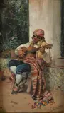 The guitar player Oil on panel Signed lower right 18 x 11.5cm (7 1/8 x 4 1/2in.) by José Benavent Calatayud, Oil on panel, sold Jul 2018