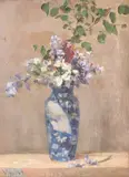 Flowers in a blue vase Oil on canvas Signed, dated and inscribed 1889, Croyde lower left 41 x 30.5cm (16 1/8 x 12in.) by William Mouat Loudan, Oil on canvas, sold Jul 2018