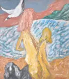 Girls by the Sea with Dog and Bird Oil on canvas 63 x 56cm (24¾ x 22 in.) Painted in 1964 by Henryk Gotlib, 1964, Oil on canvas, sold Jul 2018