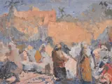 Cloth Market Bou Saada Oil by Anthony Gross, Oil on canvas-board, sold Jul 2018
