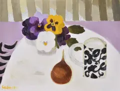 Still life with pansies and onion by Mary Fedden, Oil on board, sold Jul 2018