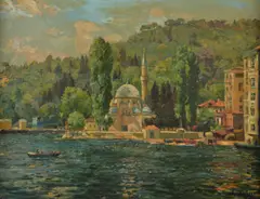 Bebek Mosque and Bosphorus Oil by İbrahim Safi, 1951, Oil on canvas, sold Jul 2018