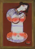 Study of a Japanese woman playing a lute Mixed media with gold foil Signed lower left Image: 68 x 48cm (26 3/4 x 18 7/8in.) by Nasser Ovissi, Mixed media with gold foil, offered Jul 2018