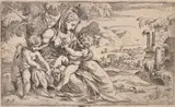 Virgin and Child with the Infant St John Etching after by Orazio Farinati, Etching, sold Jul 2018