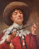 The Cavalier's Sword Oil on canvas Signed lower right 29 x 23cm (11 1/2 x 9in.) Provenance: Property of a Lady, removed from a house in Holland Park by William Breakspeare, Oil on canvas, sold Jun 2018