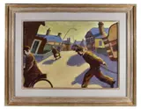 Figures in the street Oil by Ken White, Oil on canvas, sold Jun 2018