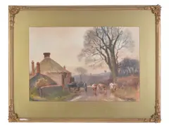 Cows in a village landscape Watercolour Signed and dated 1909 lower right 37 x 55.5cm (14 1/2 x 21 7/8in.) by Henry Charles Fox, 1909, Watercolour, offered Jun 2018