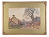 Cows in a village landscape Watercolour Signed and dated 1909 lower right 37 x 55.5cm (14 1/2 x 21 7/8in.) by Henry Charles Fox, 1909, Watercolour, offered Jun 2018