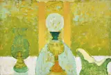 Still life with oil lamp by Lionel Bulmer, oil, sold Apr 2018