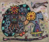 Joyful Awakening opus 01651 Oil by Alan Davie, 2003, Oil on board, sold Apr 2018