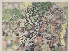 Deep pool through trees by Anthony Gross, etching, sold Apr 2018