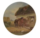 Horses by a stable Oil on board Signed lower left 32 x 32cm (12 5/8 x 12 5/8in.) Framed in a circular frame Provenance: Mandell's Gallery, Norwich by Thomas Smythe, Oil on board, sold Apr 2018