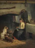 A female and her dogs seated by the hearth Oil on canvas Signed lower left 40.5 x 30.5cm (16 x 12in.) Provenance: Mandell's Gallery, Norwich by Thomas Smythe, Oil on canvas, sold Apr 2018