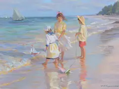 Evening by the Sea Oil on canvas Signed lower right, inscribed verso 46 x 61cm (18 x 24in.) by Aleksandr Averin, Oil on canvas, sold Apr 2018