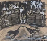 Esmeraldas Cockfight by Jan Schreuder, Ink and watercolour, heightened with white, offered Apr 2018