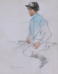 Lester Piggott, Up, 2004 Oil and pencil on paper Signed lower left 27 x 21cm (10 5/8 x 8 1/4in.) by Henry Koehler, Oil and pencil on paper, sold Apr 2018