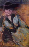 Seated lady in a haty Oil on paper Signed lower right 17.5 x 9.5cm (6 7/8 x 3 3/4in.) by Pietro Scoppetta, Oil on paper, sold Feb 2018