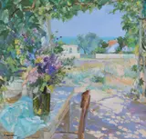 Garden with vase of flowers Oil on canvas Signed and dated 1974 lower right; signed and inscribed verso 64 x 69cm (25 x 27 1/8in.) by Zinaida Zatsepina, 1974, Oil on canvas, sold Feb 2018