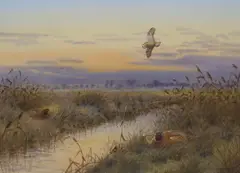 Fenland landscape with pheasant and barn owl by Richard Robjent, watercolour and gouache on paper, sold Jun 2021