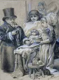 Children playing a doctor and patient by Edward J Walker, ink and wash, sold Jun 2021