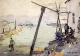 Fishermen on the quay by Andrew Archer Gamley, watercolour, sold Jun 2021