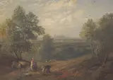 Figures in a landscape with the Crystal Palace showing in the distance by Thomas Whittle, oil on canvas, sold May 2021